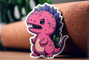 cute pink dinosaur on a sticker, created by a neural network, Generative AI technology