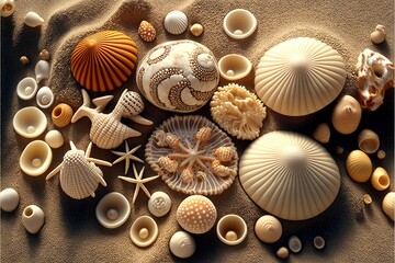  a group of shells and seashells on a sandy beach with a starfish and a shell on the sand, with a number five on the bottom of the shells, and a.