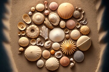  a bunch of sea shells are arranged in a circle on a beach sand area with a blue background and a blue and white background with a blue border around the edges, and a white border.