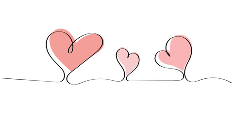 Three heart shapes is drawn with a continuous line. Love and family concept. Minimalistic illustration