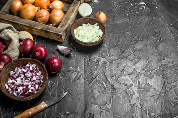 Pieces of onions in a bowl with a yellow onion on tray and red onion in a sack.