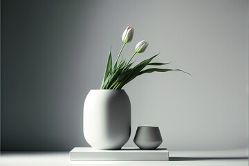  a white vase with flowers in it on a table next to a cup and a candle holder on a white surface with a shadow of a wall behind it and a gray background behind it.