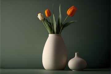  a vase with flowers in it next to a vase with flowers in it on a table top with a green background behind it and a white vase with orange flowers in the middle of the.