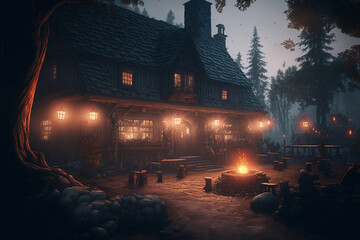 a tavern in a foggy medieval twilight forest village, created by a neural network, Generative AI technology