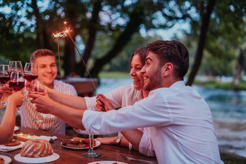 Group of happy friends celebrating holiday vacation using sprinklers and drinking red wine while having picnic french dinner party outdoor near the river on beautiful summer evening in nature