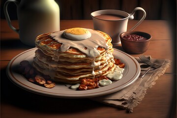  a stack of pancakes with a cup of coffee and a jug of milk on a table with a napkin and a napkin on it, and a plate with a fork and a spoon and a glass.