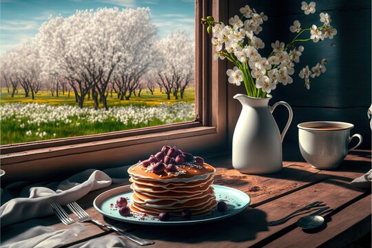  a painting of a pancake with a cup of coffee and a vase of flowers on a table with a window in the background and a teapot with a view of a field with white flowers.