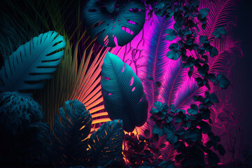 neon background of tropical leaves from the jungle, created by a neural network, Generative AI technology