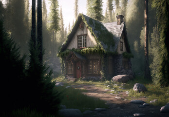 a small house in the middle of a forest, scenery, art illustration