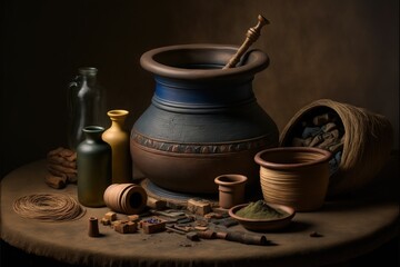  a still life with a mortar, mortars, and other items on a table with a brown background and a brown background with a brown background with a few brown spots and white spots.