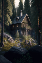 a small house in the middle of a forest, scenery, art illustration