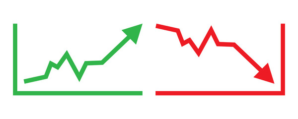 Graph going Up and Down sign with green and red arrows vector. Flat design vector illustration concept of sales bar chart symbol icon with arrow moving down and sales bar chart with arrow moving up.	