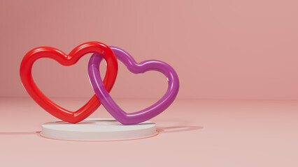 3d illustration of red and purple two hearts ornament on pink table and pink background for romantic theme usage