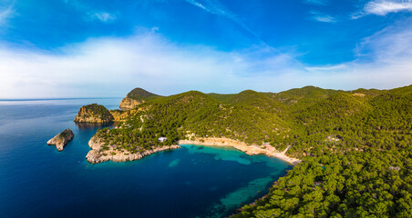 Aerial view of Cala Saladeta, Ibiza islands, Spain