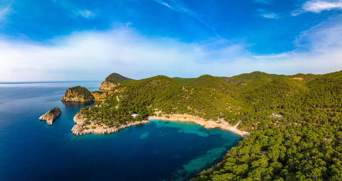 Aerial view of Cala Saladeta, Ibiza islands, Spain
