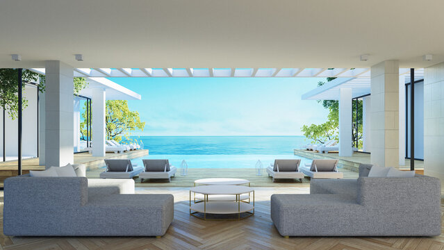 Beach luxury living room and Sea view interior - 3d rendering
