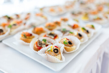 Close up of various canapes served in plate on buffet table