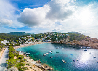 Fototapeta premium Aerial view of Cala Vadella, Ibiza islands, Spain