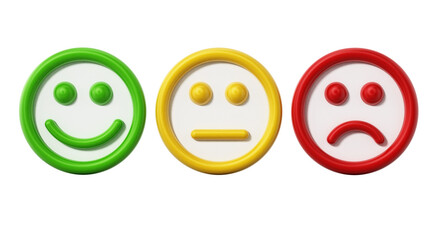 Green, yellow and red faces showing satisfaction levels on transparent background.