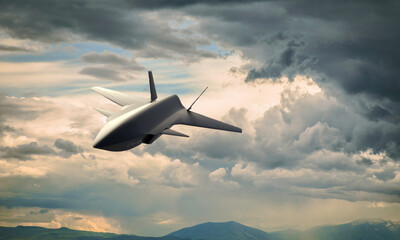 Naklejka na ściany i meble Bayraktar Kızılelma Unmanned combat aircraft vehicle gliding through the clouds.