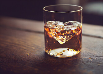 Glass of whiskey with heart shaped ice cube