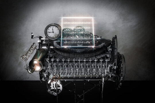 Macchina da scrivere sopra un tavolo di legno  con la scritta "Love, Love, Love"