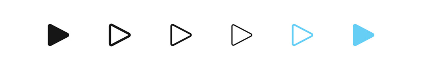 Play button icon. Video and audio player symbols. Start signs. Multimedia click icons. Black and blue color. Vector sign.