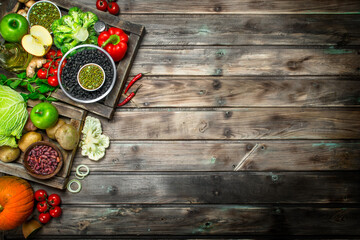Healthy food. Healthy assortment of vegetables and fruits with legumes.