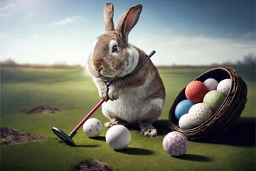 Selbstklebende Fototapeten Created with Generative AI technology. Golf Easter Holiday with Rabbit. Happy Easter for golfer concept. © RealPeopleStudio