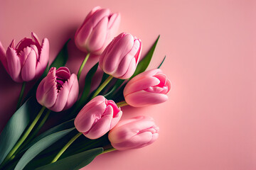 bouquet of pink tulips on pink background, Generative AI
