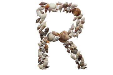 Letter R made with sea shell. Summer concept idea.
