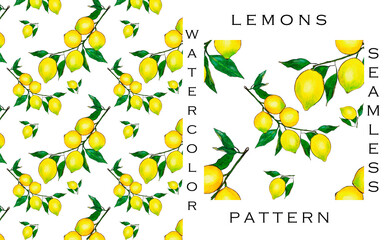 Watercolor seamless pattern with yellow lemons and green leaves on a transparent backdrop. Suitable for social media posts, postcards, invitations, mobile apps, banners, prints and web, internet ads 