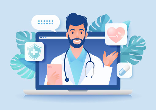 Telemedicine concept vector illustration. Patient video calling to see doctor using online technology through laptop computer.