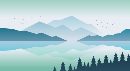 Vector illustration of silhouette nature landscape with pine trees, hills, mountains, lake, sky and birds