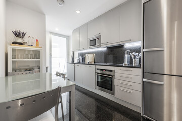 Kitchen of an apartment with glossy black tones of granite on the floor, stainless steel appliances and gray cabinets with metal handles