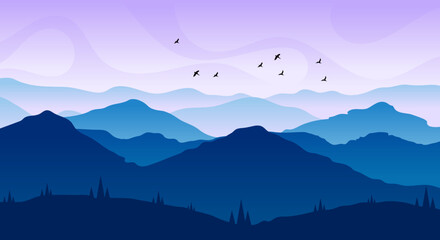 Natural landscape silhouetted hills, mountains and birds, with cold weather vectors and ilustrations