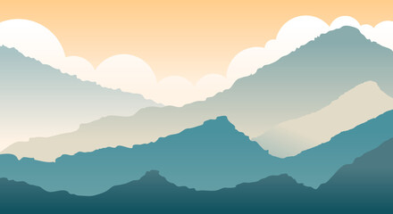 Natural scenery with silhouettes of hills, mountains and sky with clouds landscape vectors and ilustrations