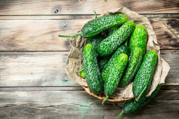 Green cucumbers in the basket.