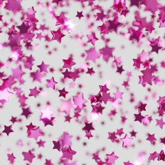 Shiny pink star confetti glitter partly blurred on white background (3D Rendering)