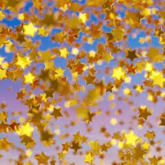 Shiny golden star confetti glitter partly blurred on twilight sky background (3D Rendering)