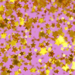 Fototapeta na wymiar Shiny golden star confetti glitter partly blurred on pink background (3D Rendering)