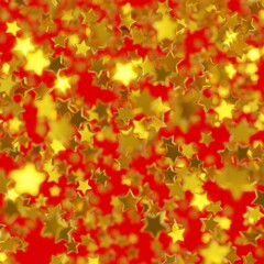 Shiny golden star confetti glitter partly blurred on red background (3D Rendering)