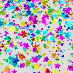 Shiny colorful star confetti glitter partly blurred on white background (3D Rendering)