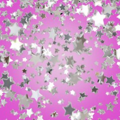 Shiny silver star confetti glitter partly blurred on pink background (3D Rendering)