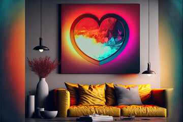heart-shaped wall art romance living room 3d render