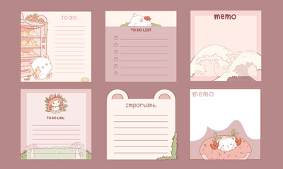 Set of Cute memo template. Cute note template with stripes and cute bear for printing or bullet journal. Bullet journal sticky notes. 