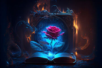 Fantasy magic dark background with a magic rose, flower, old book, and old iron mirror
