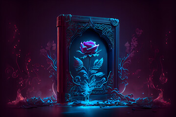 Fantasy magic dark background with a magic rose, flower, old book, and old iron mirror