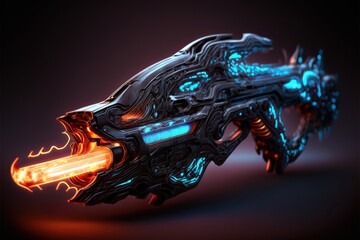 Futuristic rifle with sleek design and glowing lights. Weapons of the future, sci-fi concept. Generative AI.