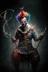 Psychotic killer clown with a twisted grin dripping blood. Generative AI.